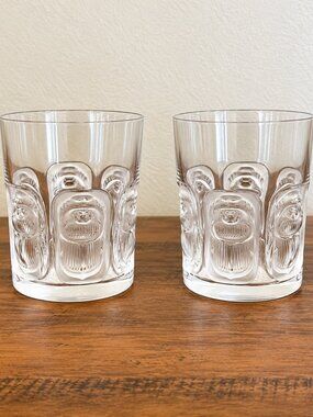 Lalique Khepri Scarab Crystal Double Old Fashioned Glasses Pair 4" France